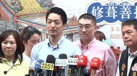 ▲台北市長蔣萬安(中)、立委李彥秀（左）赴基隆合體謝國樑（右）三人一起受訪。