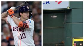 ▲惠特康（Shay Whitcomb）敲出左外野飛球卡在護網上。（圖／美聯社／達志影像、翻攝自MLB官網）