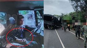 軍車內部畫面流出，當時駕駛單手開車並反覆低頭，撿拾車內手機、物品，視線並無專注前方，才導致事故發生。（圖／翻攝畫面）