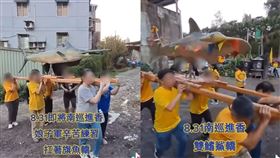 多名信徒忙著練習扛神轎，但轎上坐的不是大眾熟悉的神明面孔，竟是幾公尺長的巨大「雙鰭鯊魚、旗魚」。（圖／翻攝爆廢公社）
