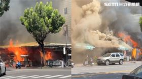 大火一下子蔓延，燒毀一棟透天外，一旁三角窗的攤販也全被火噬。（圖／翻攝畫面）
