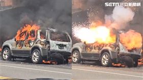 連停在一旁汽機車也受到波及，消防局到場射水灌救，休旅車瞬間閃燃噴出火花，嚇壞所有人。（圖／翻攝畫面）