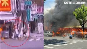 據目擊者說法，一名賣素食的老闆娘疑似絆倒瓦斯桶釀災，被警方帶回派出所協助調查。（圖／翻攝畫面）