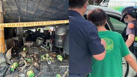 事實上素食攤老闆娘當時疑似仍在烹煮食物，撞倒瓦斯桶噴向火源才釀災，目前闆娘協助初步調查完已請回。（圖／翻攝畫面）