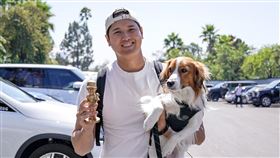 ▲大谷翔平和愛犬Decoy賽前開球。（圖／翻攝自道奇推特）