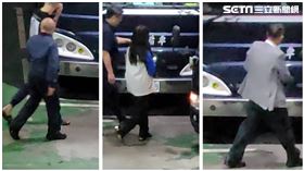 ▲應曉薇（中）、沈慶京（右）、吳修民（左）被戴上手銬，依序走上囚車。（圖／記者楊佩琪攝）