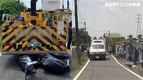 停等在工程車後方的雙載母子捲入車底慘死，家屬哀傷，事發後駕駛供稱「當下沒看到人」疑似路窄釀禍。（圖／翻攝畫面）

