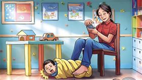 嘉豐幼兒園心心老師竟用棉被裹住幼童，還用雙腳夾著不讓其掙脫，自顧自地玩手機。（AI繪圖Adobe Firefly生成，本刊美術組後製）