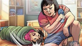 Mia老師也同樣用棉被包裹幼童，甚至還拿拖鞋拍打幼童耳朵旁邊的地板，讓幼童飽受驚嚇。（AI繪圖Adobe Firefly生成，本刊美術組後製）