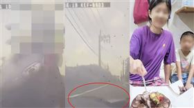 如今奪命行車記錄器畫面曝光！只見何女驚覺不對勁時狂滑雙腳掙扎逃命，卻趕不上倒車速度，人消失在畫面中。（圖／翻攝畫面）