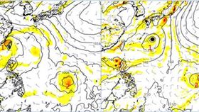 圖：最新(4日20時)歐洲模式(ECMWF左圖)模擬顯示，下週二(10日)20時在台灣北部的擾動(1)較弱，關島西南方(2)則有較佳的條件；美國模式(GFS右圖)所模擬的位置、強度則不盡相同。(圖擷自tropical tidbits)