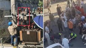 高空修變壓器…中國工人觸電「1人墜地身亡、1人倒掛空中」（組合圖／翻攝自網易新聞）