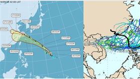 圖：今(16)日2時中央氣象署「路徑潛勢預測圖」顯示，第13號中颱「貝碧佳」中心即將登陸，正侵襲長江三角洲，向西北西推進。第14號輕颱「葡萄桑」在關島附近，其預測路徑略比「貝碧佳」路徑偏南(左圖)。最新(15日20時)美國系集模式(GEFS)模擬(右圖)顯示，另一擾動在呂宋島附近醞釀，系集模擬路徑非常分散。(圖擷自weathernerds)