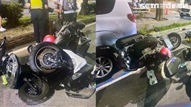 兩部機車高速撞在一起，兩車交疊，呈現詭異麻花捲狀態。（圖／翻攝畫面）
