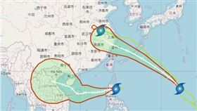 圖：今(17)日2時中央氣象署「路徑潛勢預測圖」顯示，第14號輕颱「葡萄桑」向西北西朝琉球前進；第13號輕颱「貝碧佳」向西北西，今將減弱為熱帶低壓；另一熱帶低壓通過呂宋島、進入南海後，今將發展為第15號輕颱「蘇力」，預測偏西轉西北前進、漸行漸遠。