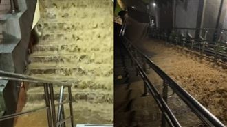 外雙溪暴漲！東吳大學宿舍樓梯成「瀑布」