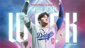 ▲大谷翔平上週6轟、7盜、17分打點，獲選國聯單週最佳球員。（圖／翻攝自道奇推特）
