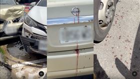 3台轎車擠在一起車頭全毀，地面佈滿血跡斑斑，一路滴到後車窗驚見一顆足球大破窗痕跡，不免讓人聯想是開槍尋仇嗎？（圖／黑色豪門畫面）