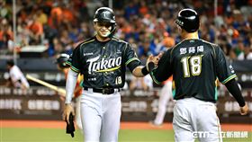 ▲統一獅投手潘威倫引退賽，台鋼雄鷹三壘手郭阜林敲出二壘安打帶有2分打點。（圖／記者劉彥池攝影）