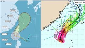 圖：最新(1日5時)中央氣象署「路徑潛勢預測圖」顯示，其路徑西北轉北北東，颱風中心將從南高屏附近登陸、再從花蓮附近出海(左圖)，預測路徑仍有「不確定性」(紅框)。最新(30日20時)歐洲模式(ECMWF)系集模擬圖(右圖)亦顯示，50次系集成員大致平均分散在台灣兩側，但分散程度明顯減小。
