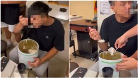 文化大學學生火鍋店抱整桶冰淇淋、用公用冰勺開吃 圖／翻攝自Dcard
