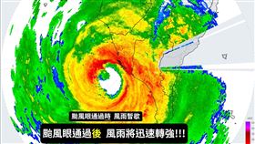 「報天氣 - 中央氣象署」稍早貼圖發文提醒，颱風眼通過時，風雨可能有短暫停歇的現象，但颱風眼一通過，另一側眼牆帶來的強風豪雨又會迅速襲擊。（圖／翻攝自報天氣）