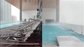 無邊際泳池整片木質地板連根吹翻砸向玻璃，鐵條一根根岔出。（圖／翻攝畫面）