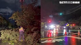 第一線員警衝現場充當電鋸手排除，斷電陷入黑暗期「仁武警反而越亮」。（圖／翻攝畫面）