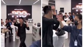 中國男子拿著華為手機挑釁 （圖／Threads＠baldurwoo）
