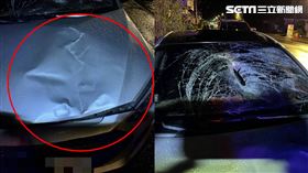 撞擊力道之大，板金還留下「生前人形凹痕」，疑似能隱約看出姿勢，嚇壞女駕駛。（圖／翻攝畫面）