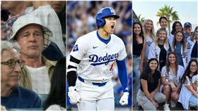 ▲布萊德彼特、田中真美子都現身觀看道奇季後賽首戰。（組合圖／美聯社／達志影像、道奇X、Dodgers Wives IG）