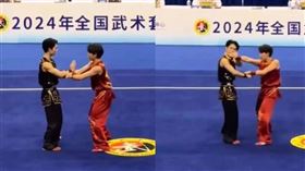 大陸近日一場武術賽事上2名選手「溫柔對打」的影片引發熱議。（圖／翻攝自微博）