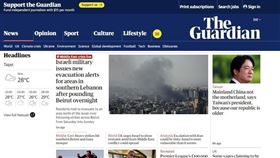 首頁 / 政治
賴總統國慶晚會拋「祖國說」 外媒關注登衛報首頁
2024/10/6 19:49（10/6 20:08 更新）
總統賴清德5日在國慶晚會致詞時，拋出中華人民共和國絕不可能成為中華民國人民「祖國」的論述，登上英國媒體「衛報」網站首頁。（圖取自衛報網頁theguardian.com/international）