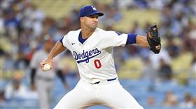 ▲道奇先發投手佛萊爾提（Jack Flaherty）三振對手後爆粗口。（圖／美聯社／達志影像）
