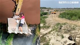 一名外送員站在「怪手挖斗上」雙手緊緊抓住鏟斗越過堤防、土堆，從天而降送餐。（圖／翻攝畫面）