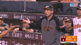 ▲季後挑戰賽首戰，重播沒有畫面，統一獅總教練林岳平抗議。（圖／翻攝自CPBLTV）