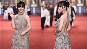 「圍棋女神」黑嘉嘉登上紅毯，禮服「全身圍棋」相當特別。（圖／記者鄭孟晃、趙于瑩攝影）