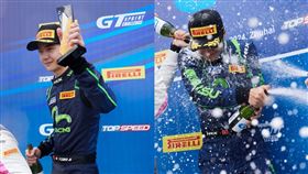 中國大陸男星王一博第一次參加GT系列車賽即拿到冠軍，開香檳慶祝竟被眾人圍「噴」。（翻攝EVISU微博）