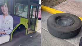台北市中正區公車開一半輪胎噴飛，砸中停放小客車。（圖／翻攝畫面）