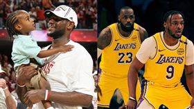 詹姆斯與兒子布朗尼在湖人開幕戰對決灰狼一役，第2節還剩4分鐘時攜手登場寫下NAB歷史新紀錄。（圖／翻攝自NBA官方X）