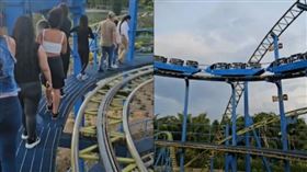 哥倫比亞蒙特內格羅市（Montenegro）當地一做遊樂園Parque del Café日前突然停電，導致正在上升的雲霄飛車，卡在約20公尺高的空中。（圖／TikTok／diegomalicia）
