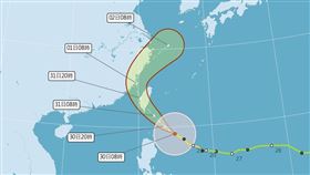 颱風康芮逐步逼近，圖為路徑預估圖。（圖取自中央氣象署網頁cwa.gov.tw）
