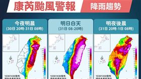 「報天氣 - 中央氣象署」貼圖揭露降雨趨勢表示，隨著強烈颱風康芮逐漸逼近，降雨的情況在今（30）日晚北東將逐漸加劇。（圖／翻攝自報天氣）
