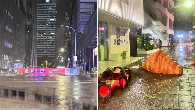 新光三越A9招牌燈箱橫躺　巨大可頌被吹走