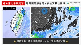 氣象粉專「天氣風險 WeatherRisk」發文，週末東北季風影響，迎風面局部有雨，夜晚清晨較偏涼。（圖／翻攝自天氣風險）