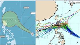 圖：最新(4日2時)中央氣象署「路徑潛勢預測圖」(左圖)顯示，「銀杏」未來3天向西北進行，3至5天、接近台灣東南方海面，緩慢偏西移動，不確定性範圍(紅框)擴大。最新(3日20時)歐洲(ECMWF)系集模式模擬(右圖)顯示，銀杏3天後、個別模擬路徑大致分成兩股，主要一股轉向西行，穿過呂宋島附近、進入南海，另一小股則向東北迴轉；其系集平均路徑(粗黑線)為通過呂宋島北部、進入南海。