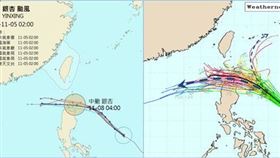 圖：最新(5日2時)各國官方路徑預測圖(左圖)顯示，「銀杏」未來2天向西北進行，接近台灣東南方海面，轉向偏西，第4、5天通過呂宋島北端近海。最新(4日20時)歐洲(ECMWF)系集模式模擬(右圖)顯示，「銀杏」個別模擬路徑大多轉向西行，穿過巴士海峽或呂宋島北部；僅有極少數個別模擬路徑仍向東北迴轉；因此、其系集平均路徑(粗黑線)通過呂宋島北部近海、進入南海。