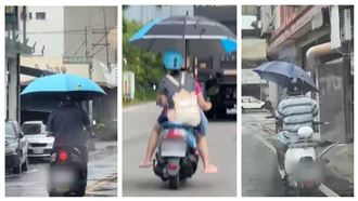 路上奇景！騎士撐傘騎車、貨車車斗躺人