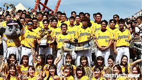 ▲中信兄弟封王遊行，全體球員在洲際棒球場前合影。（圖／記者劉彥池攝影）