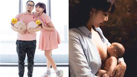 李宓（右）和老公（左）拍攝全家福以及哺乳寫真。（圖／翻攝自李宓臉書）